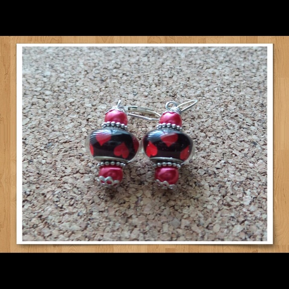 Epoxy Resin Red Heart Lever Back Earrings - Picture 2 of 2